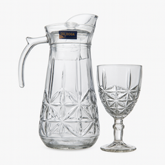 Smoke-Tinted 7-Piece Water Set – Diamond-Cut Jug with Stemmed Goblet Glasses (Pressed Glass) - Habitt