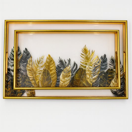 2-Piece Decorative Serving Tray Set | Gold Frame Rectangular Trays with Botanical Design & Handles - Habitt