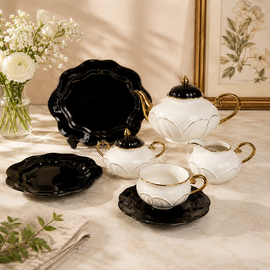 Forsac Premium Porcelain Tea Set – Elegant White & Glossy Black Ceramic Tea Set with Gold Accent, Teapot, Cups, Saucers & Serving Plates for 6 Persons | Luxury Tea & Coffee Serving Set