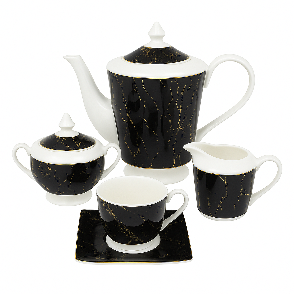 Luxury 15 Pcs Solecasa Coffee Set 746 – Black Marble Porcelain Tea & Coffee Service - Habitt