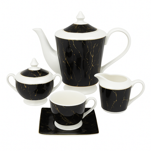 Luxury 15 Pcs Solecasa Coffee Set 746 – Black Marble Porcelain Tea & Coffee Service - Habitt