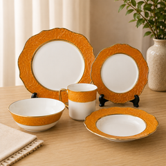 Premium Porcelain Dinner Set – Elegant Embossed Design with Gold Rim