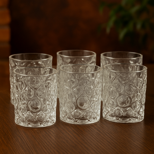 Premium Embossed Tumbler Glass Set 340 ml – Heavy Clear Drinkware (6 Pcs) - Habitt