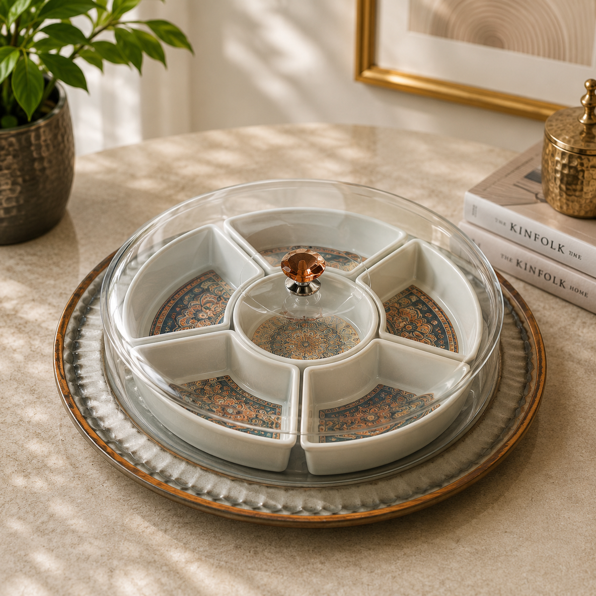Luxury Melamine Dry Fruit Serving Plate with Transparent Cover | 6-Section Snack Organizer Tray