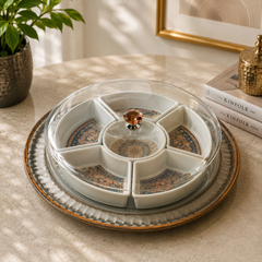 Luxury Melamine Dry Fruit Serving Plate with Transparent Cover | 6-Section Snack Organizer Tray