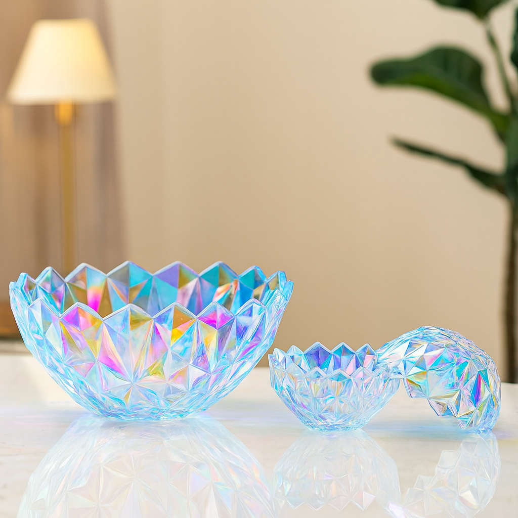 Iridescent Pressed-Glass 7-Piece Fruit Bowl & Serving Set – Colour-Tinted Crystal Design - Habitt