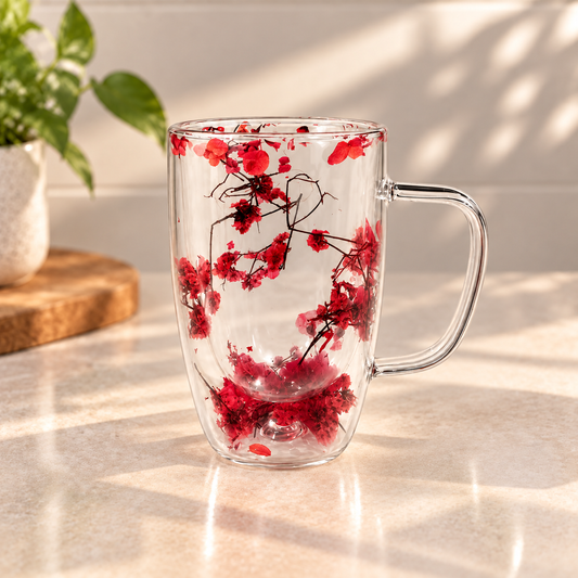 Turquoise Blossom Glass Mug – 450ml Floral Transparent Coffee & Tea Mug