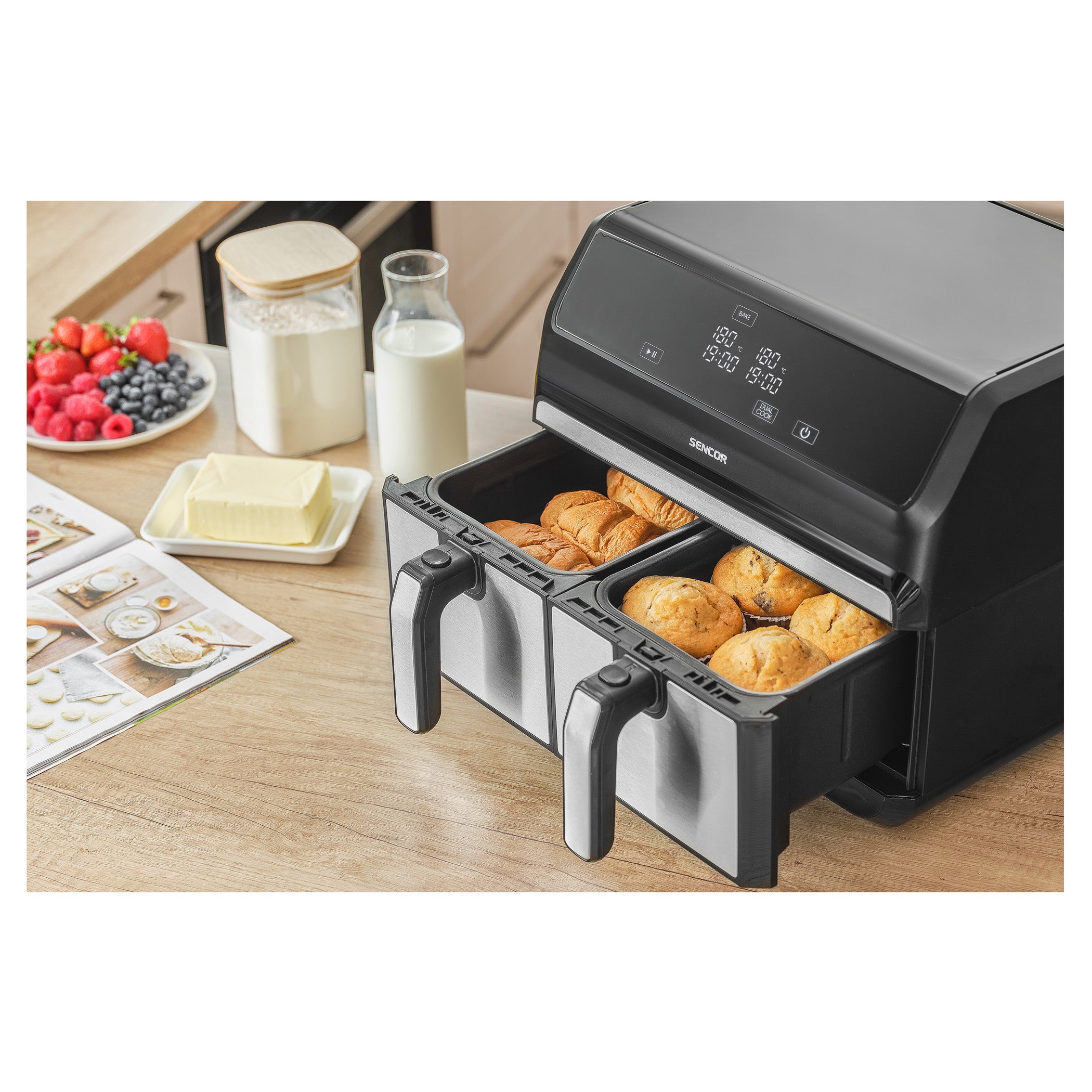 Sencor SFR9500SS Vita Fryer – Dual 2×4 L Baskets (8 L Total), Stainless Steel, 1700 W, LED Digital Air Fryer with Touch Controls - Habitt