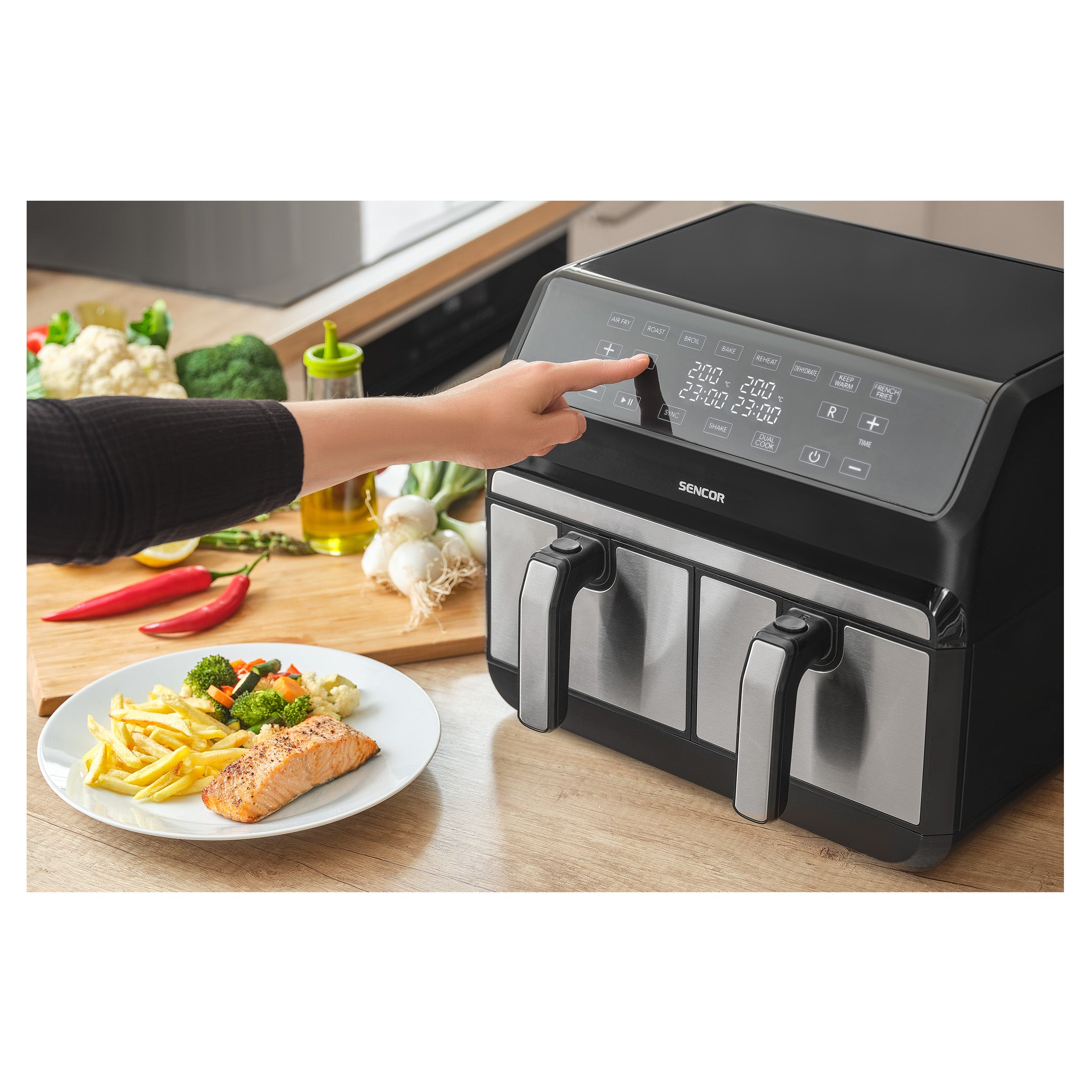 Sencor SFR9500SS Vita Fryer – Dual 2×4 L Baskets (8 L Total), Stainless Steel, 1700 W, LED Digital Air Fryer with Touch Controls - Habitt