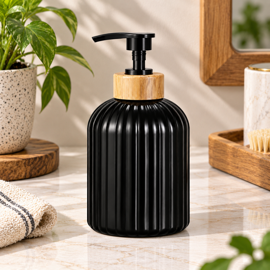 Ribbed Glass Soap Dispenser with Wood Neck – Black & White