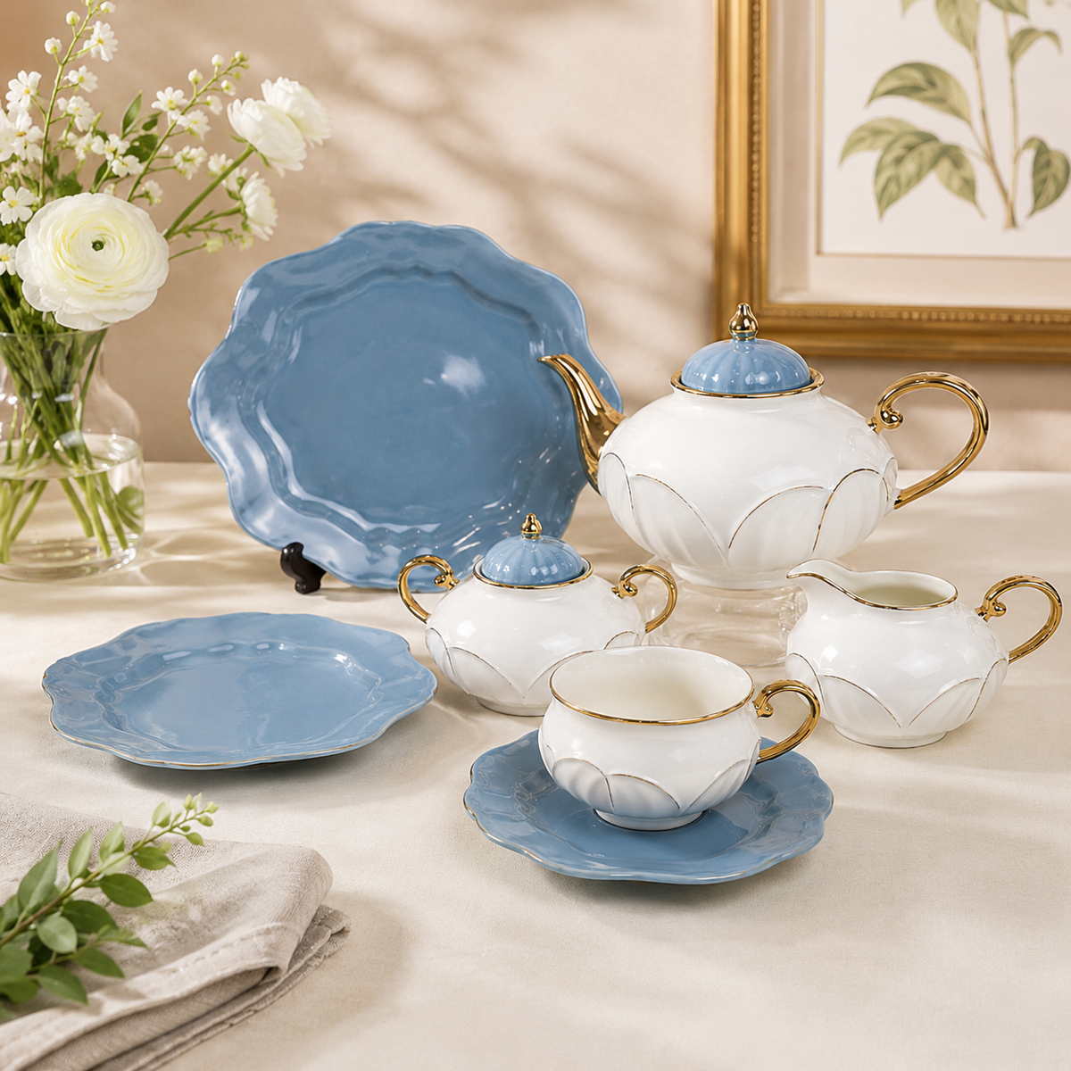 Forsacchi  Premium Porcelain Tea Set – Elegant White & Sky Blue Ceramic Tea Set with Gold Accent, Teapot, Cups, Saucers & Serving Plates for 6 Persons | Luxury Tea & Coffee Serving Set