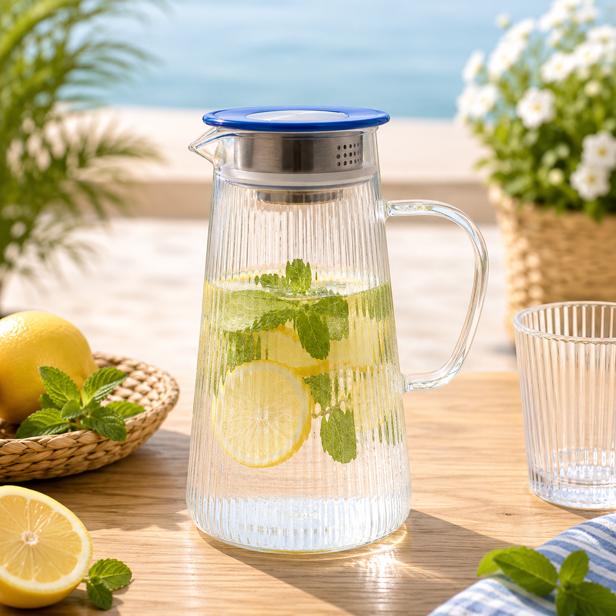 Steel Lid Glass Jug 1300ML – Elegant Water & Beverage Pitcher
