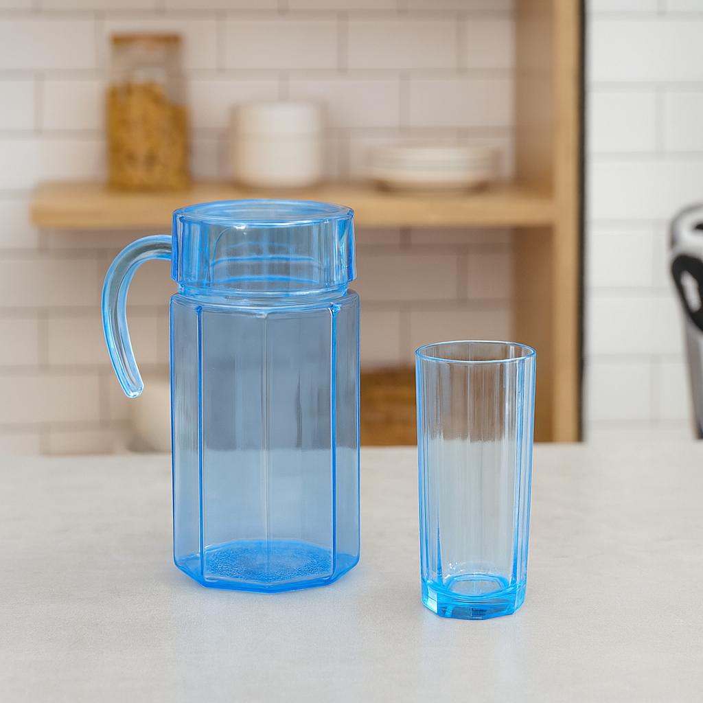 Blue-Tinted 7-Piece Water Set – 1.25 L Jug with 320 ml Glasses (Coloured Pressed Glass - Habitt