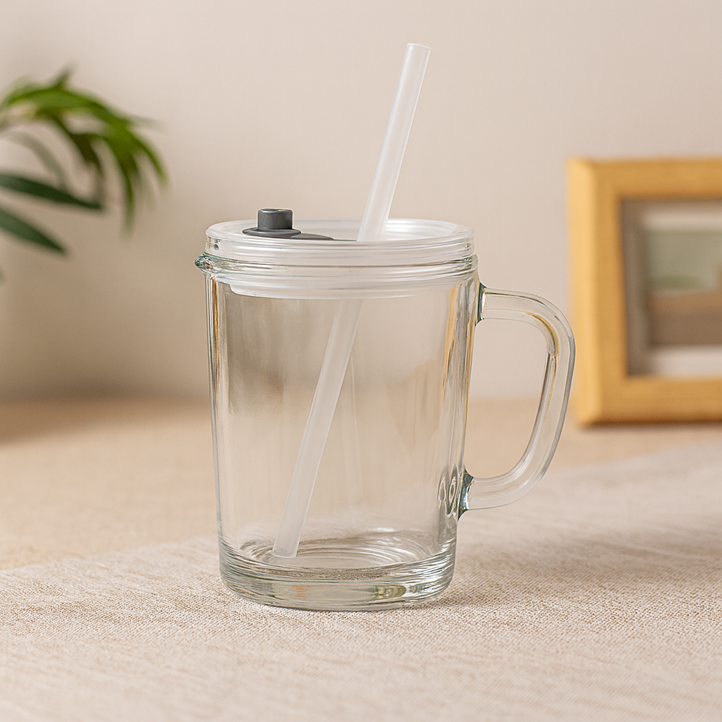 Premium Glass Mug with Lid, Handle & Reusable Straw – 1-Piece Drinking Cup for Hot & Cold Beverages - Habitt