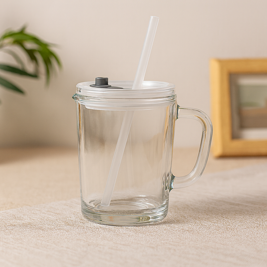 Premium Glass Mug with Lid, Handle & Reusable Straw – 1-Piece Drinking Cup for Hot & Cold Beverages - Habitt