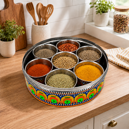 Chamakpatti Masala Box Truck Art – Traditional Multicolor Spice Box with 7 Inner Containers | Pakistani Folk Art Kitchen Storage