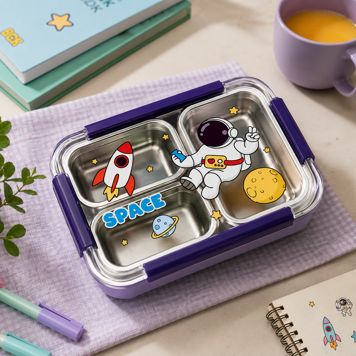 3 Compartment Space Stainless Steel Lunch Box with Spoon | Leakproof Kids Bento Lunch Box for School, Office & Travel | Reusable Food Storage Container