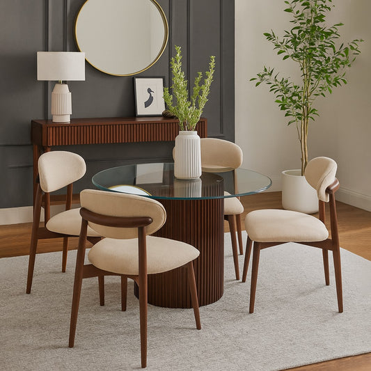 Ria 4-Person Dining Table Set – Modern Round Glass Top with Wooden Base & Upholstered Chairs - Habitt