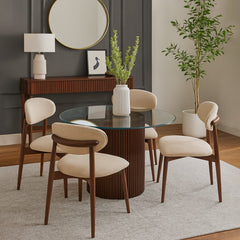 Ria 4-Person Dining Table Set – Modern Round Glass Top with Wooden Base & Upholstered Chairs - Habitt