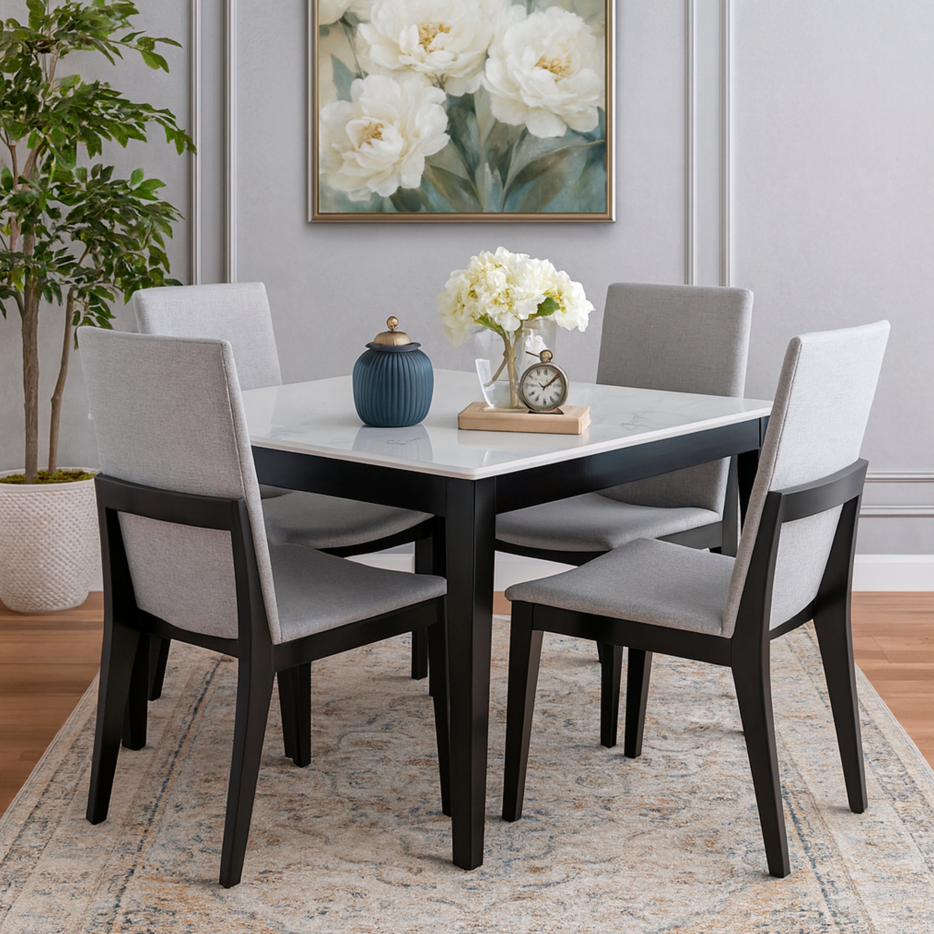 ALVA 4-Person Dining Table Set – Modern Marble Top with Upholstered Chairs - Habitt