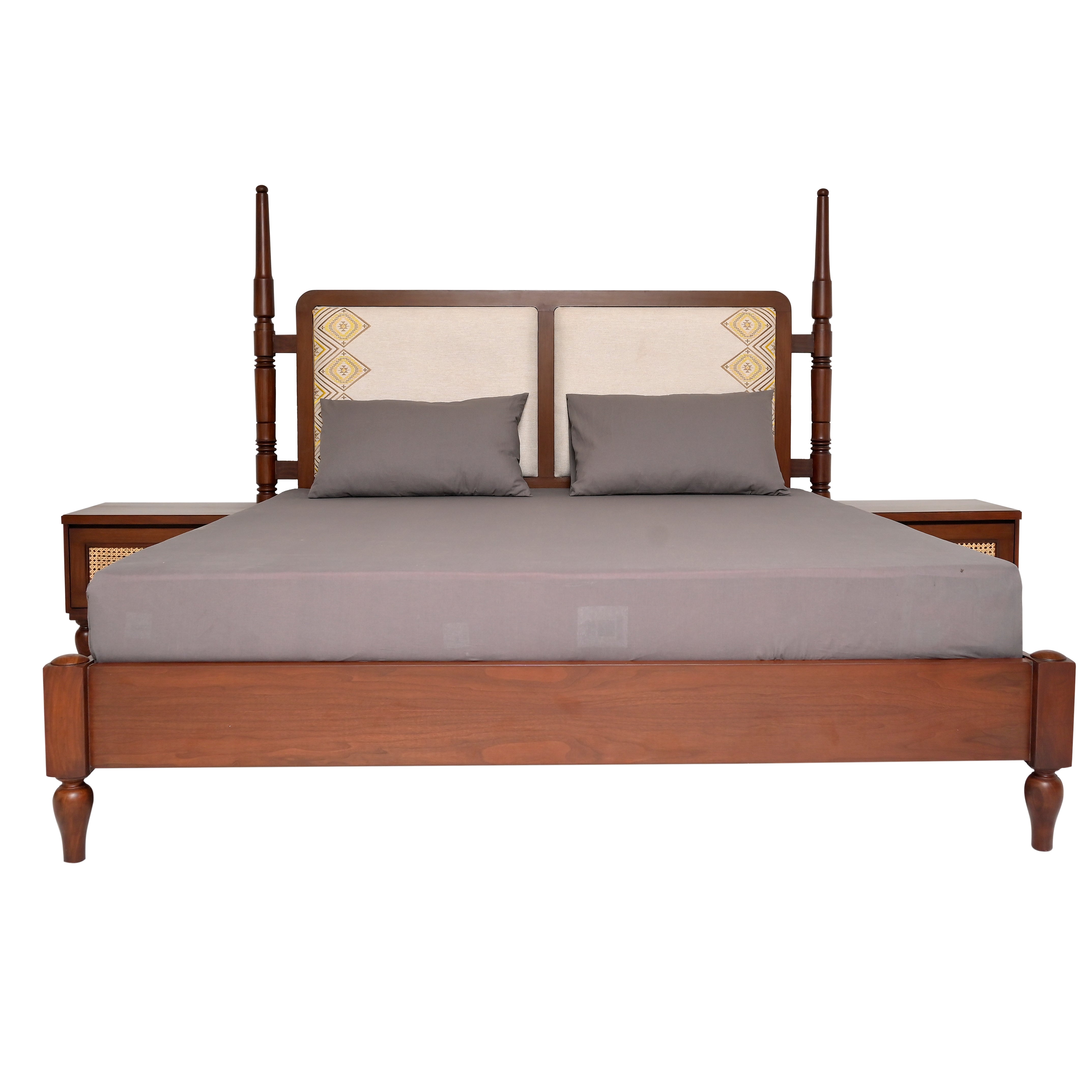 Gul Bahar Bed – Buy Solid Wood King Bed with Cane & Upholstered Headboard | Habitt - Habitt