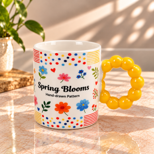 Colourful Floral Ceramic Coffee Mug with Beaded Handle – Cute Tea & Coffee Cup