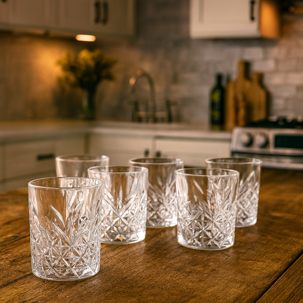 Diamond-Cut Tumbler Glass Set 340 ml – Heavy Premium Drinkware (6 Pcs) - Habitt