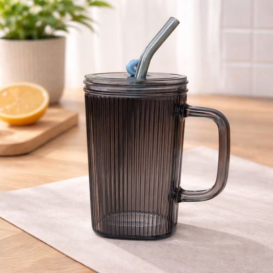 Straw Mug – Ribbed Glass Drinking Mug with Lid & Reusable Straw - Habitt