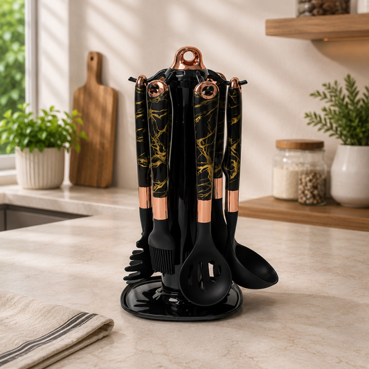 7 PCS Premium Black Silicone Kitchen Utensil Set with Marble Handles & Rotating Stand | Heat-Resistant Cooking Spoon Set