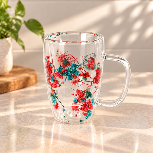 Red Blossom Glass Mug – 450ml Floral Transparent Coffee & Tea Mug