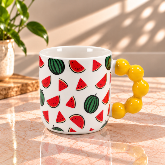 Cute Fruit Print Ceramic Coffee Mug with Beaded Handle – Colourful Tea & Coffee Cup