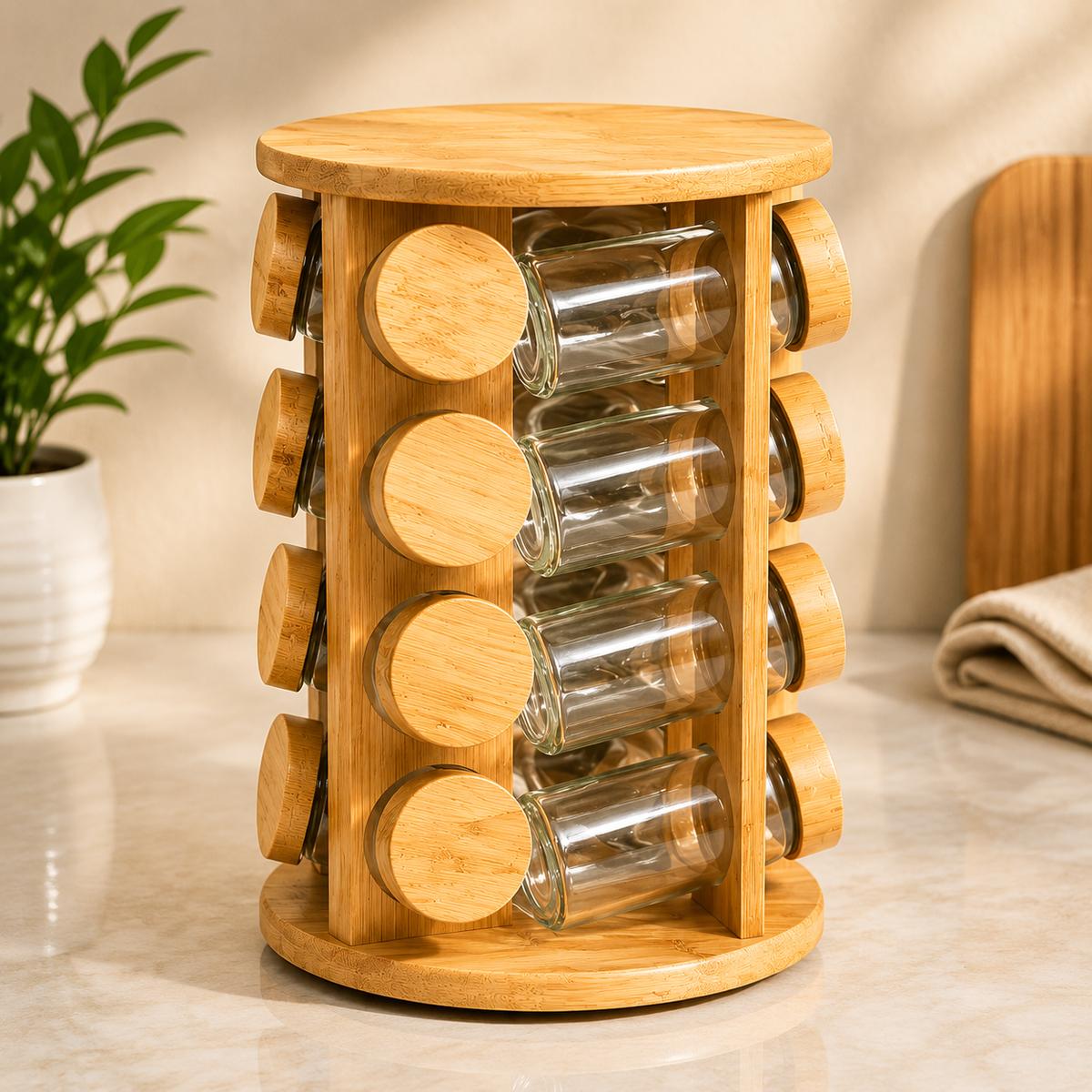 16 PCS Revolving Wooden Spice Jar Rack Organizer for Kitchen Countertop - Habitt