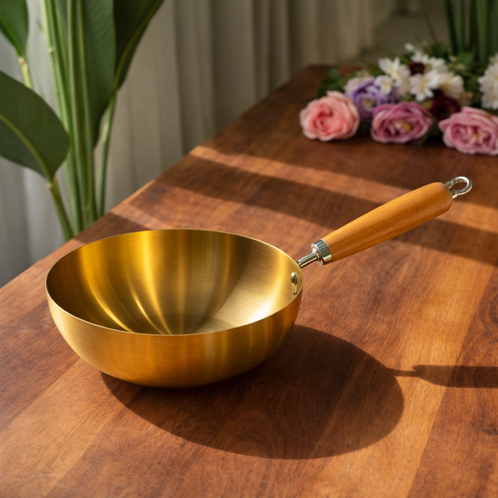 Golden Wok Pan with Wood Handle – Style | 18 cm / 20 cm - Habitt