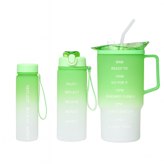 3-Piece Gradient Plastic Water Bottle Set – Leak-Proof Hydration Bottles in Purple, Pink, Blue & Green - Habitt