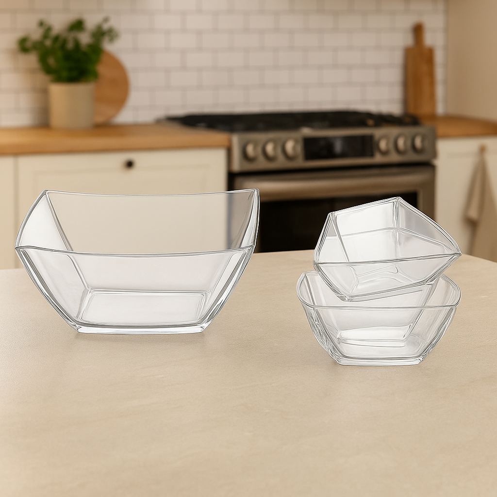 Modern Square-Cut Clear Pressed-Glass 7-Piece Fruit Bowl Set – 200/105 mm Small Bowls - Habitt