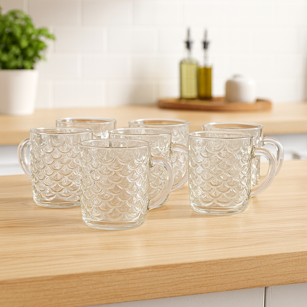 Embossed Pattern Glass Mug 240 ml – Premium Clear Tea & Coffee Mug (6 Pcs) - Habitt