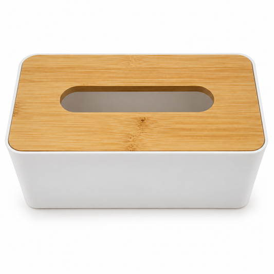 Tissue Box White, Black Wood Top