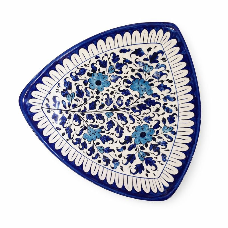 Handcrafted Ceramic Triangle Platter – Blue Floral Art (12 × 12 × 12 Inches) - Habitt