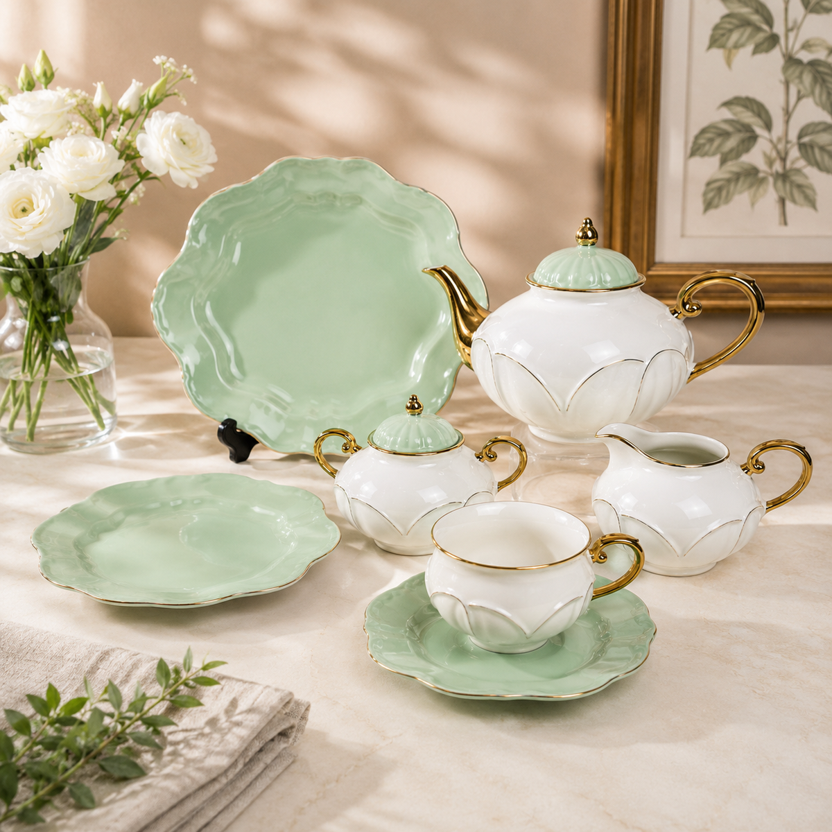 Forsacchi Premium Porcelain Tea Set – Elegant White & Mint Green Ceramic Tea Set with Gold Accent, Teapot, Cups, Saucers & Serving Plates for 6 Persons | Luxury Tea & Coffee Serving Set
