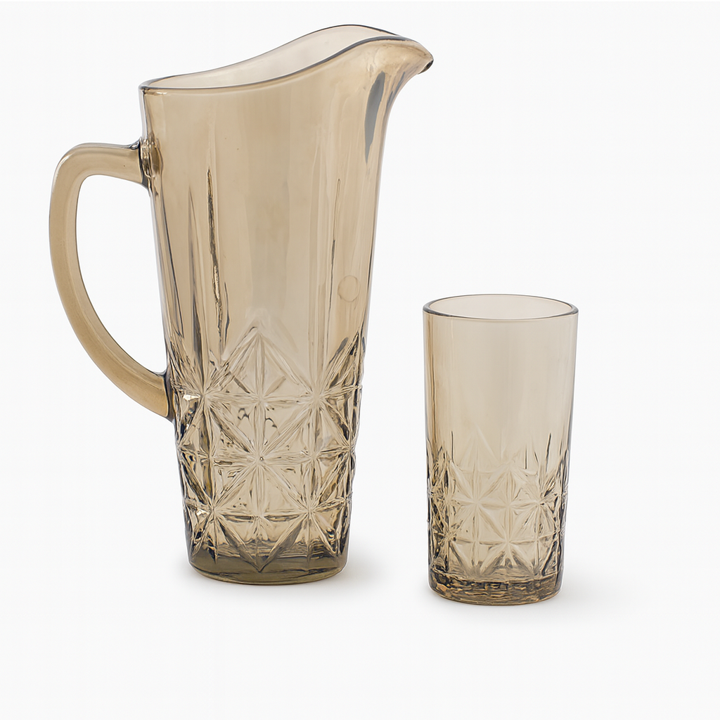 Smoke-Tinted 7-Piece Water Set – 1.7 L Jug with 278 ml Glasses (Premium Cut-Design Glassware) - Habitt
