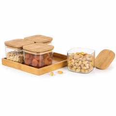 5Pcs Glass Storage Jar Set with Bamboo Lids & Tray - Habitt