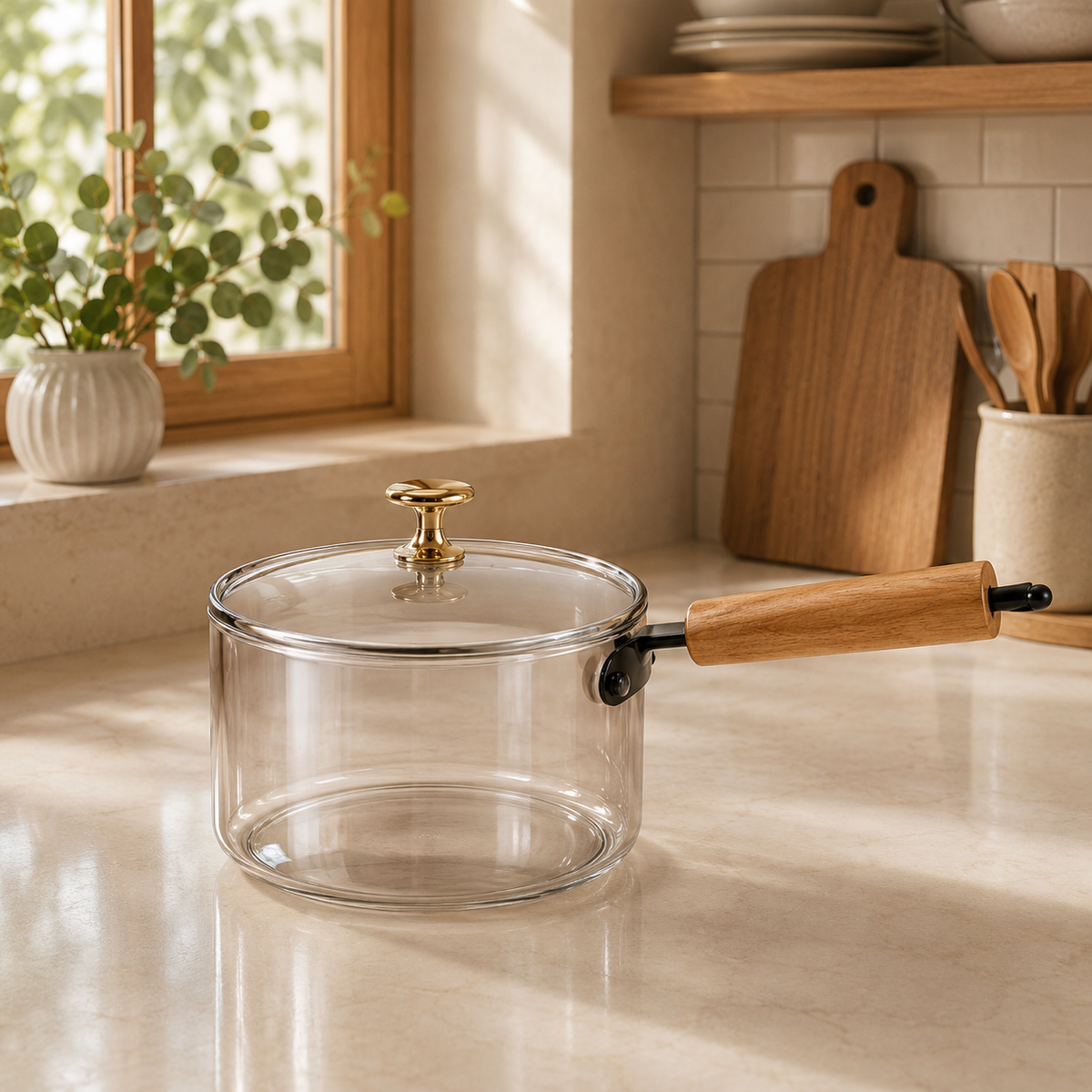 2500ML Glass Saucepan with Wooden Handle | Glass Saucepan