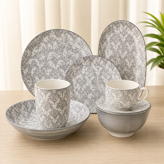 Porcelain Dinner Set | Grey Damask Collection
