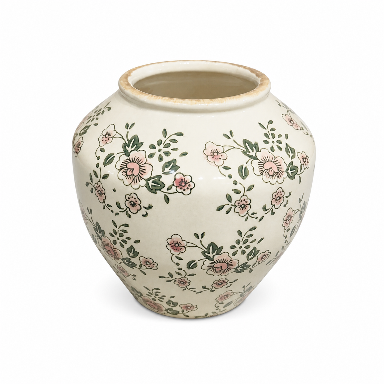 Floral Green Ceramic Vase – Large Round Decorative Flower Vase with Hand-Painted Botanical Design for Home & Living Décor - Habitt