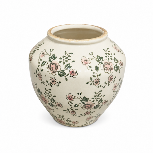 Floral Green Ceramic Vase – Large Round Decorative Flower Vase with Hand-Painted Botanical Design for Home & Living Décor - Habitt
