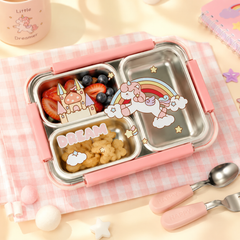 3-Compartment Unicorn Stainless Steel Lunch Box with Spoon | Leakproof Kids Bento Lunch Box for School, Office & Travel | Reusable Food Storage Container