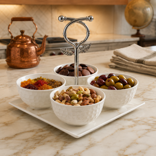 4 Pcs Ceramic Sauce Set with Tray & Metal Handle | Condiment Serving Set