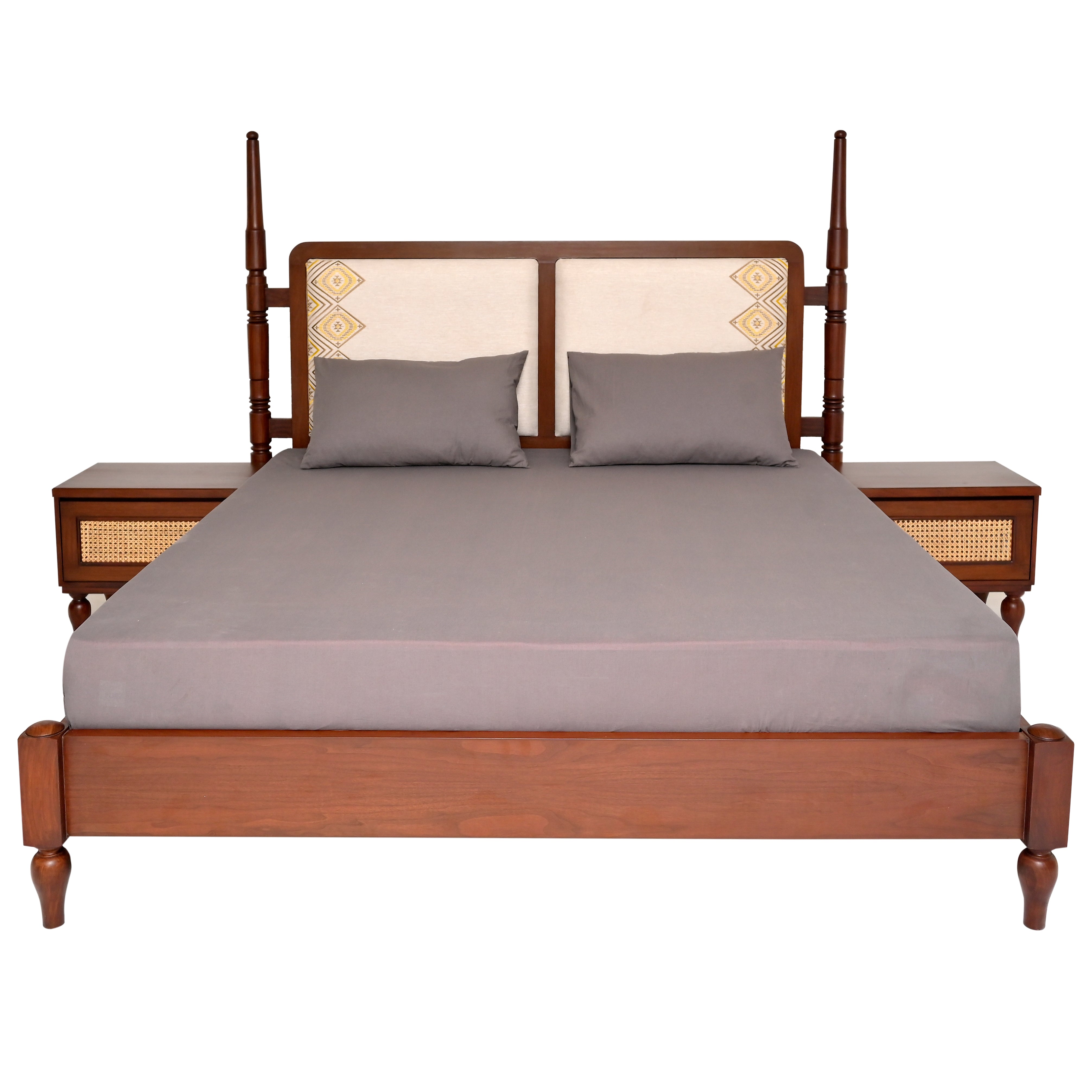 Gul Bahar Bed – Buy Solid Wood King Bed with Cane & Upholstered Headboard | Habitt - Habitt