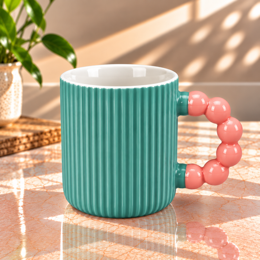 Ribbed Ceramic Coffee Mug with Beaded Handle – Colourful Tea & Coffee Cup