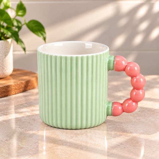 Ribbed Ceramic Coffee Mug with Beaded Handle – Colourful Tea & Coffee Cup